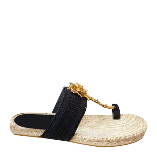 DIOR/迪奥 20春夏款立体金属玫瑰花夹脚草编精致平跟凉鞋  be