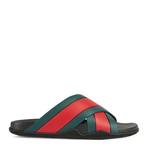 GUCCI/古驰 男士红绿拼色橡胶经典条纹织带鞋底双G徽标压花交叉绑带露趾平底鞋沙滩鞋凉鞋拖鞋男鞋 630326-J8700-8460