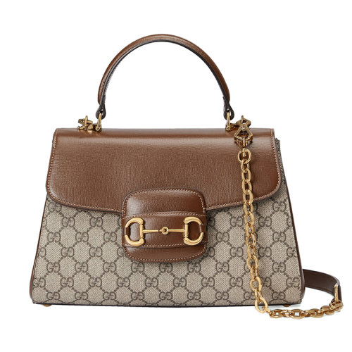 GUCCI/古驰 22新款Horsebit 1955系列 女士中号乌木色/米色老花帆布配浅棕色皮革马衔扣金扣金链单肩手提T型链条包7020499AAAJ8563