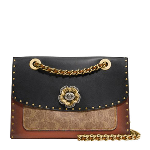 COACH/蔻驰 PARKER系列中号女士卡其配黑色PVC配皮经典双C字母徽标印花铆钉装饰山茶花旋扣开合单肩包斜挎包链条包女包 C4659B4M2