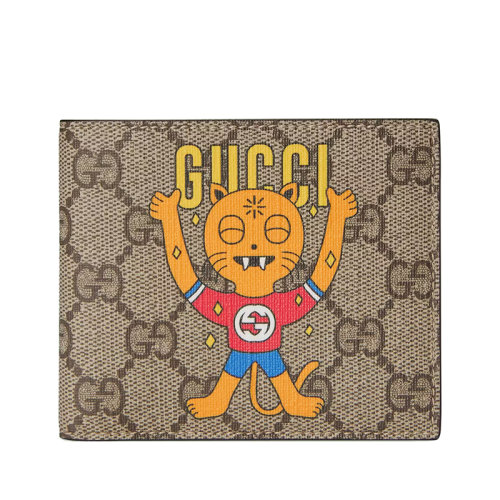 GUCCI/古驰 22新款 男女同款米色/乌木色老花帆布配皮饰小猫印花对折钱包451268U1GBG8679