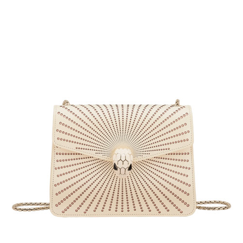 BVLGARI/宝格丽 SERPENTI FOREVER系列 女士象牙白色小牛皮蛇首搭扣渐变镂空圆点图案单肩斜挎链条包291715