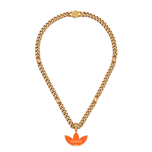 GUCCI/古驰 22新款阿迪达斯联名系列 男女同款黄金色调金属橙色珐琅三叶草徽标吊坠马衔索链项链702895J16318082