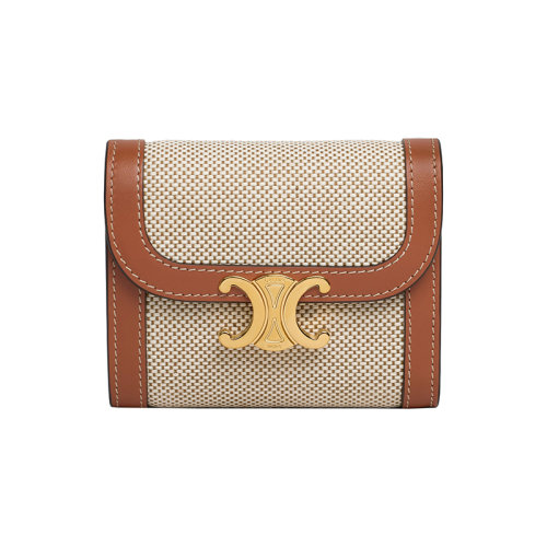 CELINE/赛琳 22新款 TRIOMPHE系列 女士棕褐色/白色小号织物配小牛皮金属搭扣按扣翻盖开合钱包10D782CLD.04LV