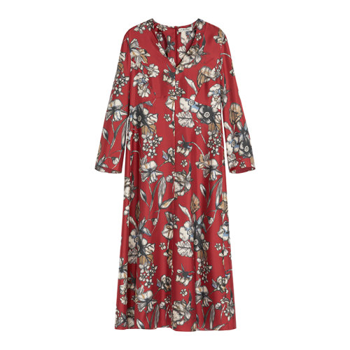 MaxMara/麦丝玛拉 22年早春新款 ZURCA系列 女士红色纯丝印花斜纹长款连衣裙9221162106002