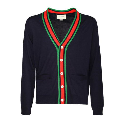 GUCCI/古驰  男装 服饰 深蓝色羊毛V领时尚百搭气质开衫外套男士针织衫毛衣