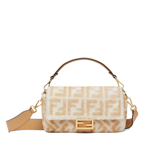 FENDI/芬迪  BAGUETTE系列 女士中号白色浅棕色FF图案羊毛磁扣翻盖手提单肩包8BR600A8HPF1F7K