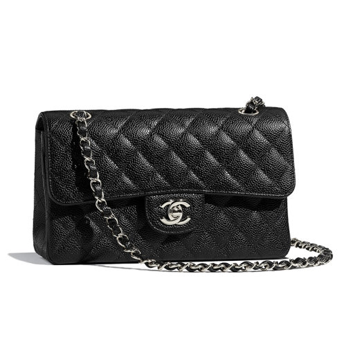 CHANEL/香奈儿 经典款classique  小号黑色鱼子酱小牛皮银扣链条黑银单肩包