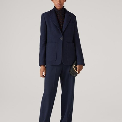 St.John/盛蔷藏青色珠地布羊毛针织西装外套女士夹克K6111A1