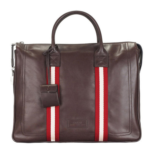 BALLY/巴利   男士棕色牛皮红白织带配锁手拎公文包电脑包男包 6166501