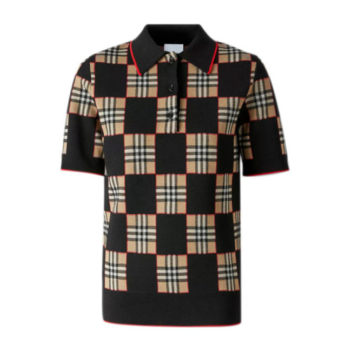 Burberry 博柏利 女士黑色米色羊毛混纺提花Polo衫 Polo衫