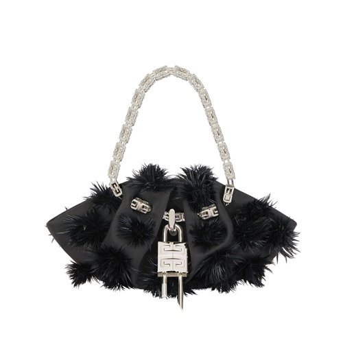 Givenchy/纪梵希 22新款 Kenny系列 女士黑色缎布羽毛磁性开合拆卸挂锁银色立方链手柄银色饰面金属手提包BB50NTB1LA-001