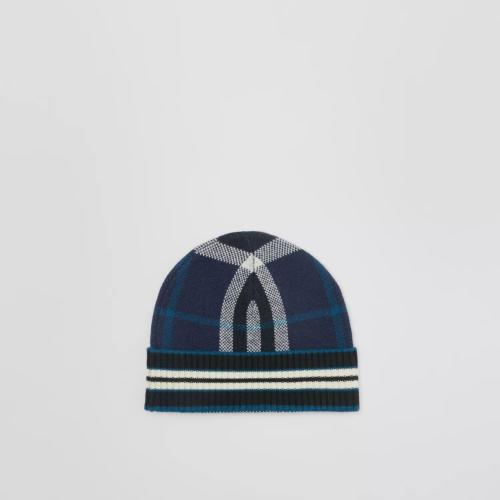  BURBERRY 22年秋冬 男士 格纹拼条纹羊绒帽 80637801