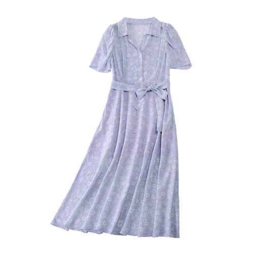 GeleiStory/GeleiStory  夏季新款系带收腰碎花长款衬衫裙  女装＞女士裙装＞女士连衣裙