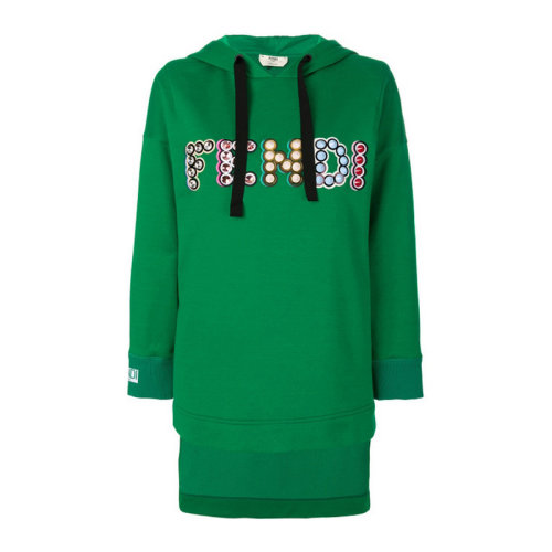 FENDI/芬迪 女士绿色棉质经典字母徽标装饰连帽抽绳不对称卫衣上衣运动衫 FS6972-A1VN-F10BO