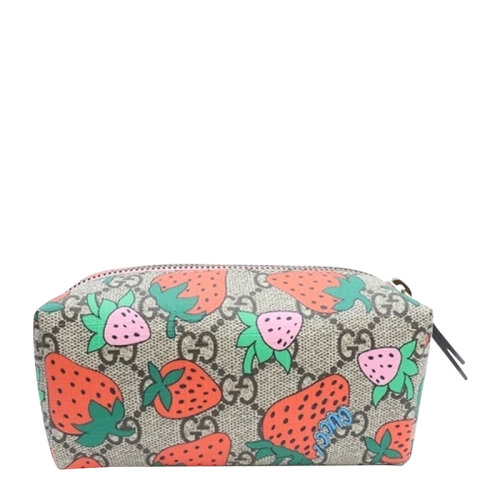 GUCCI/古驰 女士米色/乌木色帆布配皮双G字母徽标印花草莓图案拉链开合手拿包化妆包女包 576217-G3EAT-8483