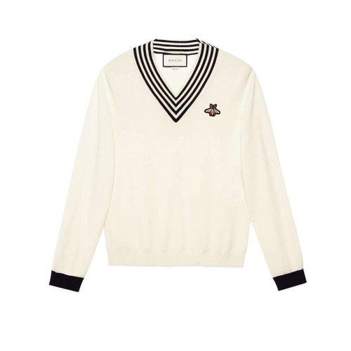 GUCCI/古驰 古琦男装 蜜蜂贴花 时尚V领 男士棉质针织衫/毛衣 496442 X9I00 1831