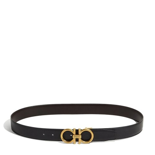 Salvatore Ferragamo/菲拉格慕 男士黑色牛皮古董色泽金属带扣商务休闲双面皮带腰带
