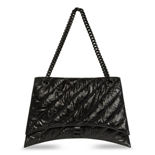 Balenciaga/巴黎世家 22新款 Crush系列 女士大号黑色粒面绗缝小牛皮复古哑光黑色标志铆钉磁扣开合单肩斜挎肩背手提包716332210IY1000