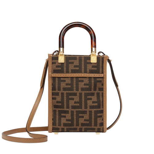 FENDI/芬迪 2022新款 sunshine系列 女士mini棕色提花面料金色金属标志斜挎手提包8BS051ALVXF1GE3