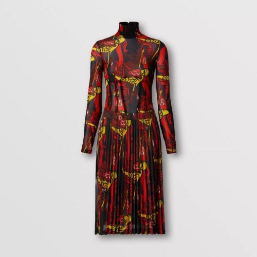  BURBERRY 22年秋冬 女士 马术骑士印花平织高领连衣裙 80621181