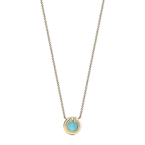 Tiffany & Co./蒂芙尼 经典Tiffany T系列 18K金黄金镶嵌绿松石钻石圆形吊坠项链67520602