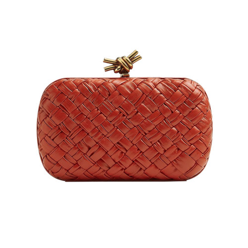 Bottega Veneta/葆蝶家 22新款 女士迷你红色小牛皮带褶皱Intrccio图案磁性框架开合黄铜饰面手拿包717622V2H416303