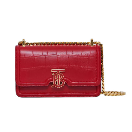 BURBERRY/博柏利 22新款 女士胭脂红色鳄鱼纹路压纹皮革金色饰面翻盖开合调节金色链带肩背斜挎包80566841