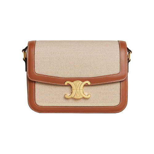 CELINE/赛琳 23春夏新款 女士自然色/棕褐色织物配皮金色金属搭扣翻盖开合单肩斜挎包191242EGC.02NT