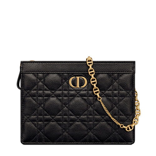 DIOR/迪奥 CARO系列 女士黑色柔软牛皮革藤格纹细长款单肩斜挎链条手拿包S5106UWHC_M900