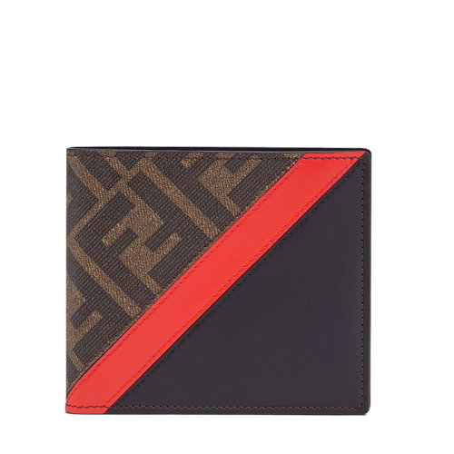 FENDI/芬迪  男士棕色FF提花织物黑色小牛皮红色调双折钱包7M0169A9XSF19P9