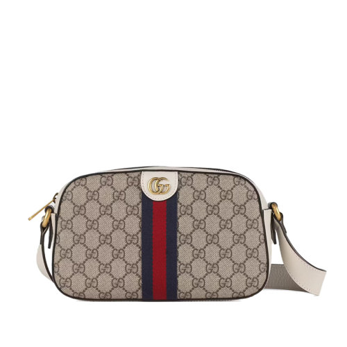 GUCCI/古驰 22春夏新款Ophidia系列 男女同款米色/乌木色帆布白色皮革滚边金扣斜跨单肩相机包68106496IWT9794