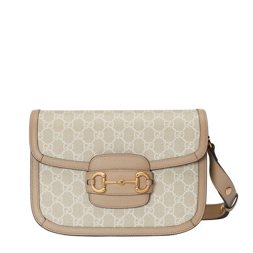 GUCCI/古驰 22春夏新款1955系列 女士小号米白色老花帆布皮革滚边马衔金扣翻盖邮差单肩包602204UULBG9683