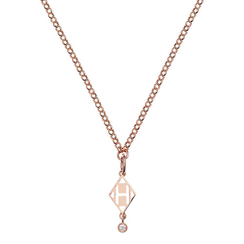 HERMES/爱马仕 经典Gambade系列 18K金玫瑰金镶钻菱形镂空H吊坠项链H216331B