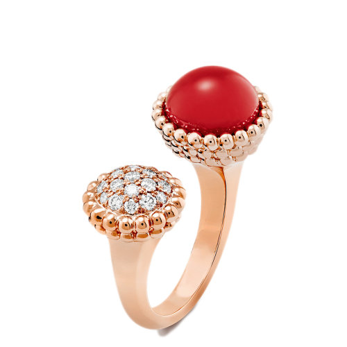 Van Cleef & Arpels/梵克雅宝 经典Perlée couleurs系列 18K金玫瑰金镶钻圆形红玉髓开口戒指指环VCARO9SV00