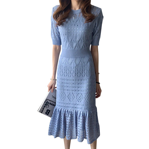 GeleiStory/GeleiStory 韩版荷叶边镂空冰丝针织连衣裙女两件套修身包臀裙收腰显瘦裙子 女士连衣裙