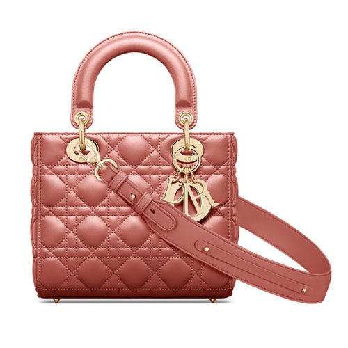 DIOR/迪奥 23新款 lady系列 女士小号铁锈色小羊皮藤格纹绗缝细节搭配徽章调节宽肩带拉链开合单肩手提包M0538ONGE_M48M