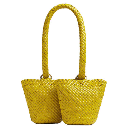 Bottega Veneta/葆蝶家 22新款 女士花粉黄色羔羊皮带Intreccio图案绗缝金属环滑动肩带抽绳内袋黄铜饰面双水桶单肩包716929V01D07341