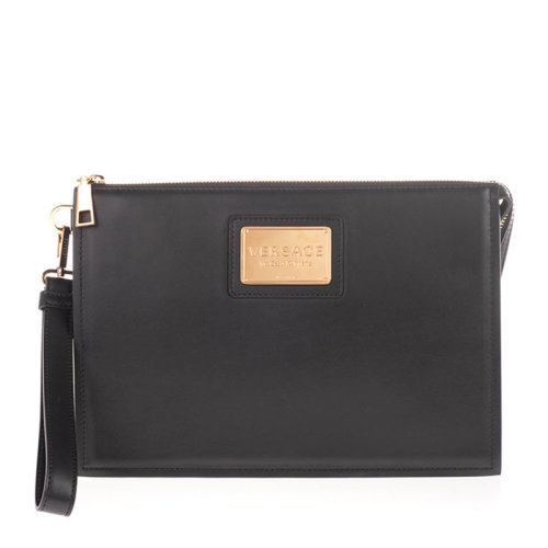 VERSACE/范思哲 男士黑色小牛皮金属字母徽标装饰拉链开合手拿包公文包钱包男包 DP87631-DVIT88-D41TR