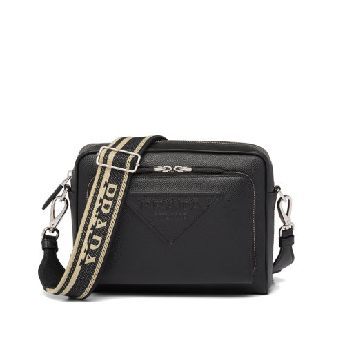 PRADA/普拉达 22年新款 男士黑色皮革压花刺绣织带徽标拉链多层单肩包2VH2_2FAD_F0002_V_OOO