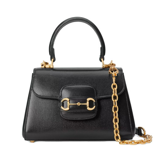 GUCCI/古驰 22新款Horsebit 1955系列 女士迷你黑色皮革马衔扣金扣金链单肩手提T型链条包703848AAA7G1000