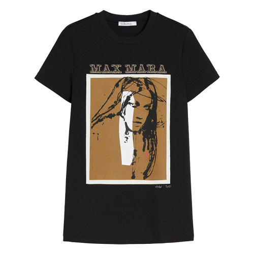 MaxMara/麦丝玛拉  DIVINA系列 女士黑色圆领短袖纯棉针织T恤1946101906004