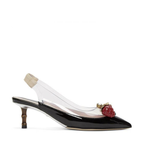 GUCCI/古驰立体水钻透明pvc拼黑色漆皮中跟凉鞋     be 女鞋