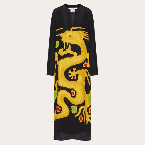  VALENTINO华伦天奴 22年秋冬 女士 连衣裙 ROBE MI-LONGUE EN CREPE DE CHINE a IMPRIMé DRAG