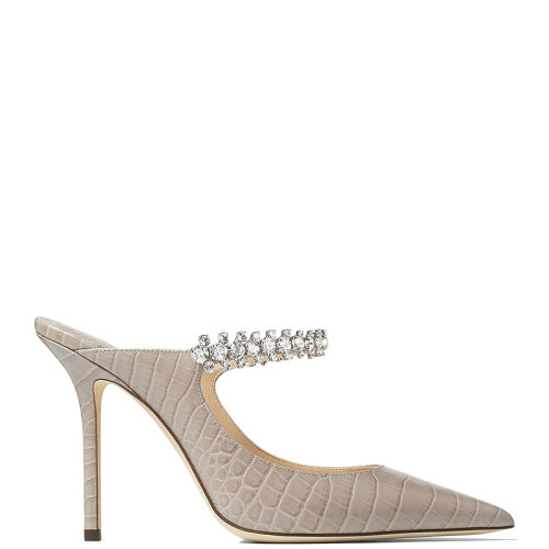 Jimmy Choo/周仰杰 22年秋冬新款 Bing 100系列 女士沙色鳄鱼纹压纹皮革配水晶绑带尖头高跟鞋BING100CCL-SABLE