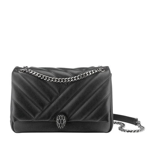 BVLGARI/宝格丽 SERPENTI CABOCHON系列 女士中号黑色粒面小牛皮绗缝蛇首搭扣链条斜挎单肩包291079