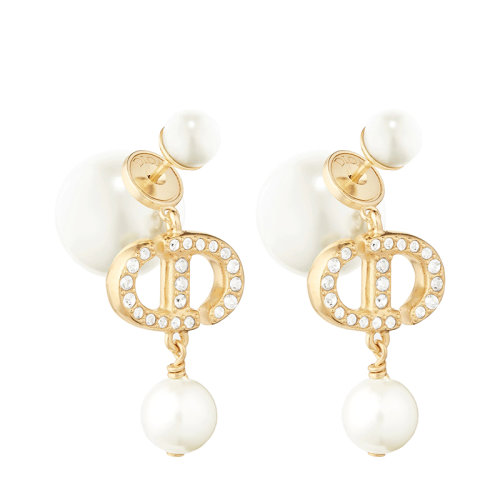 Dior/迪奥 22春夏新款TRIBALES系列 女士金色饰面金属白色树脂珠饰透明水晶CD耳环 E1811TRICY_D301