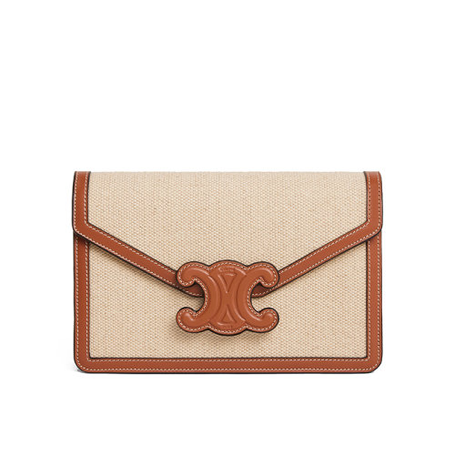 CELINE/赛琳 22新款TRIOMPHE系列 女士自然色/棕褐色牛皮革凯旋扣翻盖开合单肩手拿信封包10J972DB2.02NT