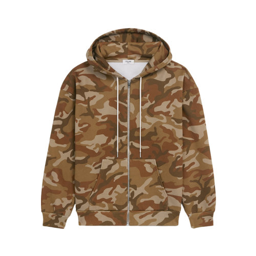 CELINE/赛琳 22年春夏新款 男士白色/水洗迷彩色纯棉抓绒Logo印花连帽衫卫衣2Y497247Q.08CW