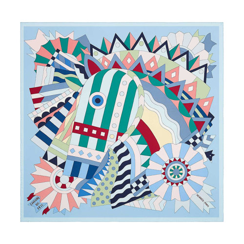 HERMES/爱马仕 90号广场派对马 女士天蓝色/绿色/粉红色真丝斜纹围巾H003748S05